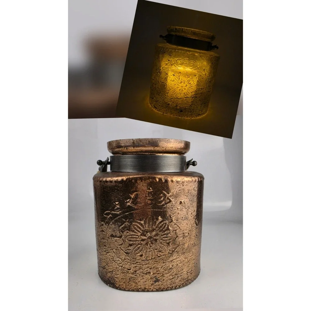 Large Embossed Copper‎ Painted Glass Candle Holder Jar Rope Handle Boho Decor